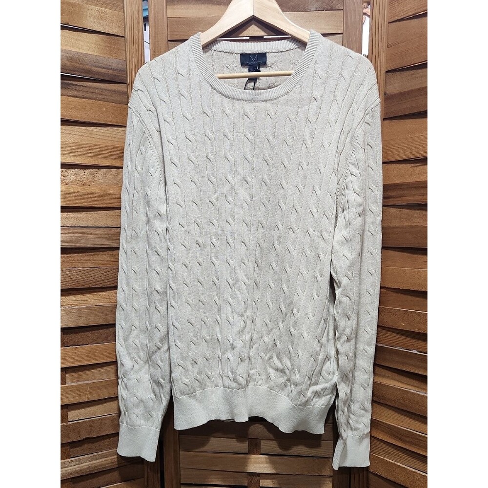 NWT Magaschoni Cable Crewneck Sweater Men XL Oatmeal Heather Cotton Tan Beige